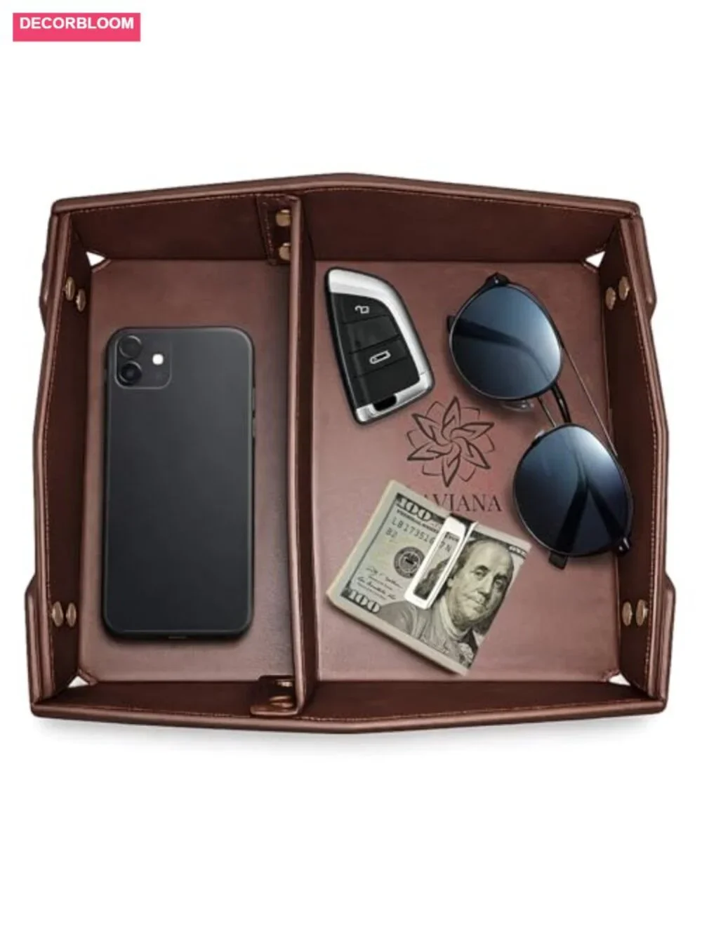 PU Leather Catch All Tray with Removable Divider - EDC Organizer